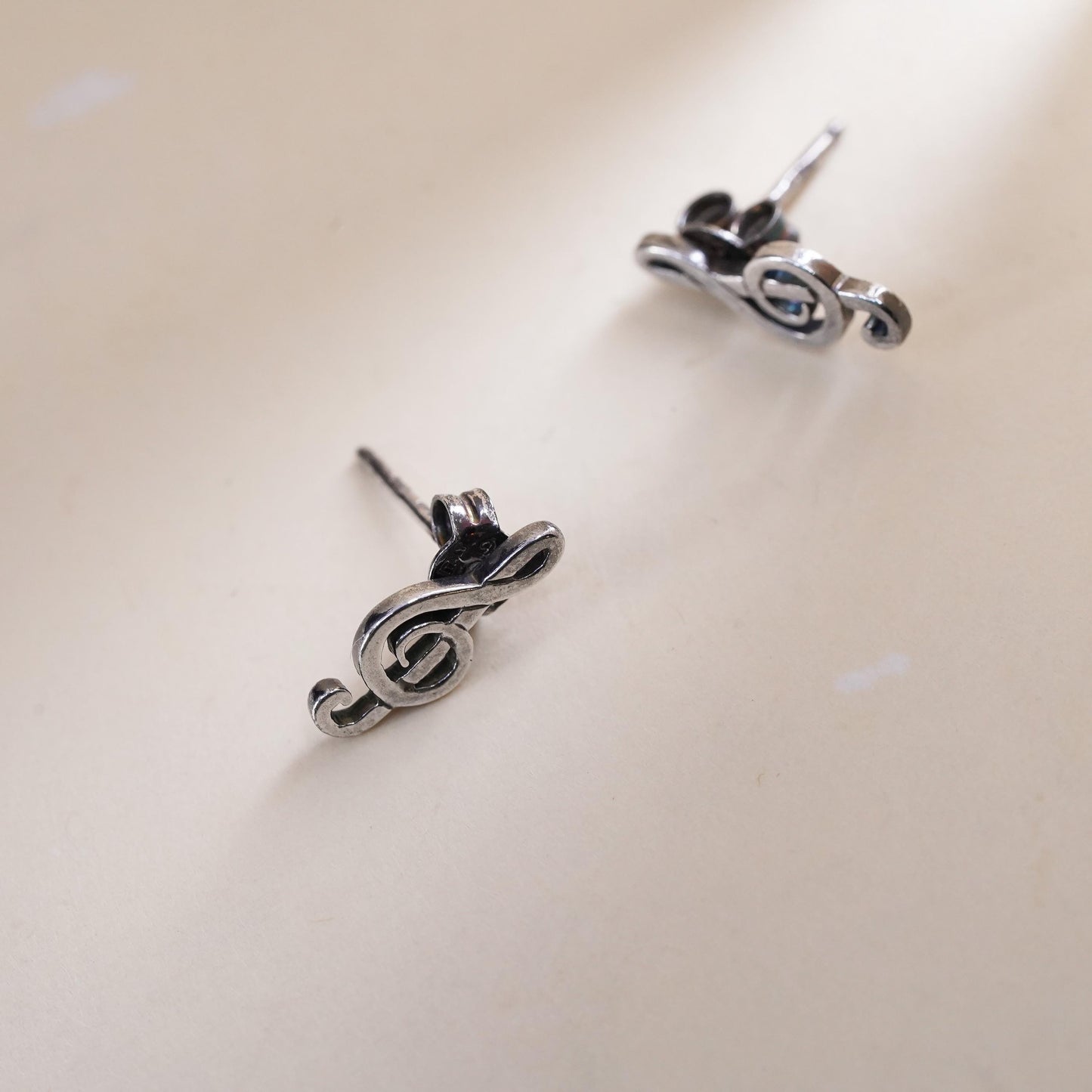 Vintage sterling silver handmade studs, 925 music note earrings