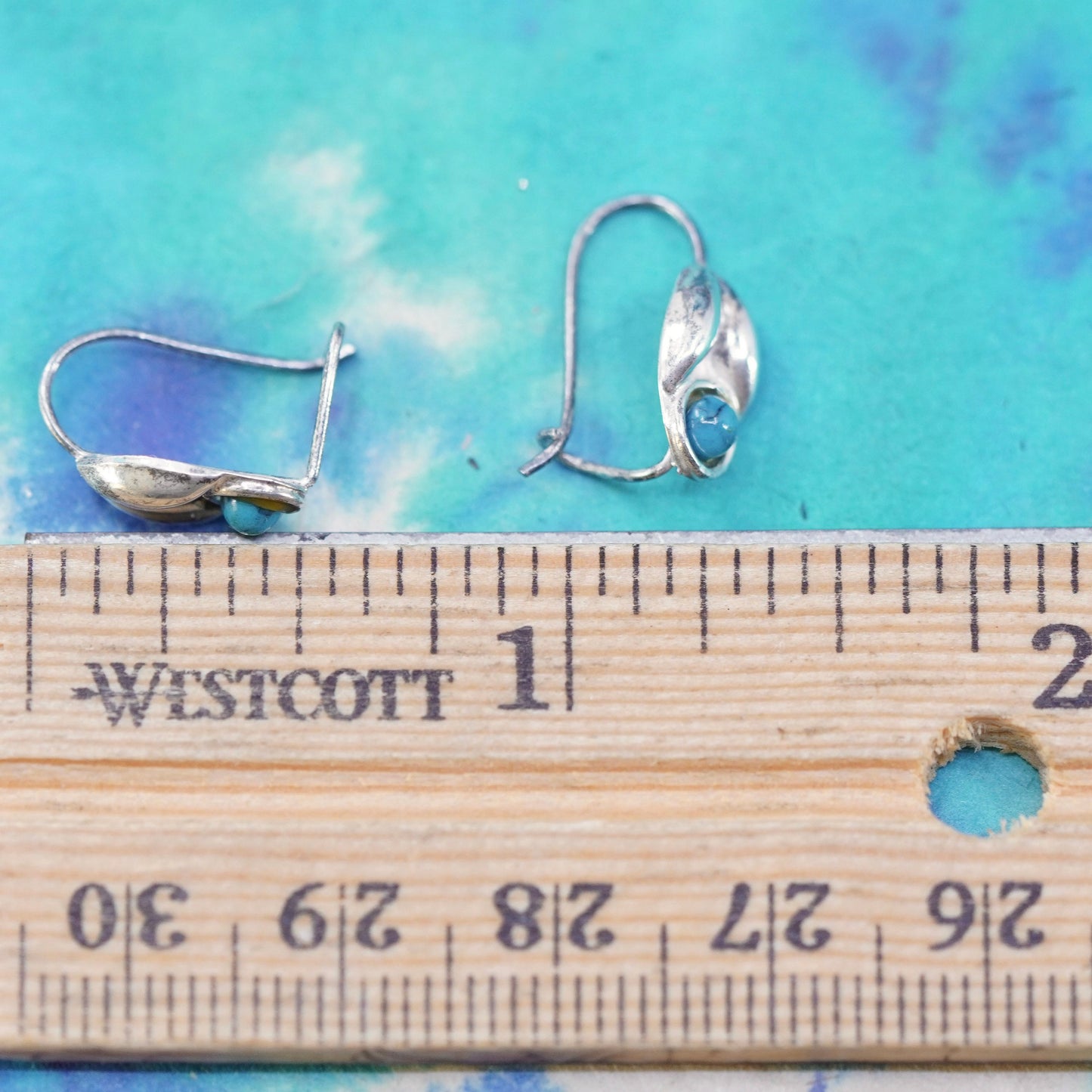 Vintage Sterling silver handmade earrings, l 925 leafy drop with turquoise