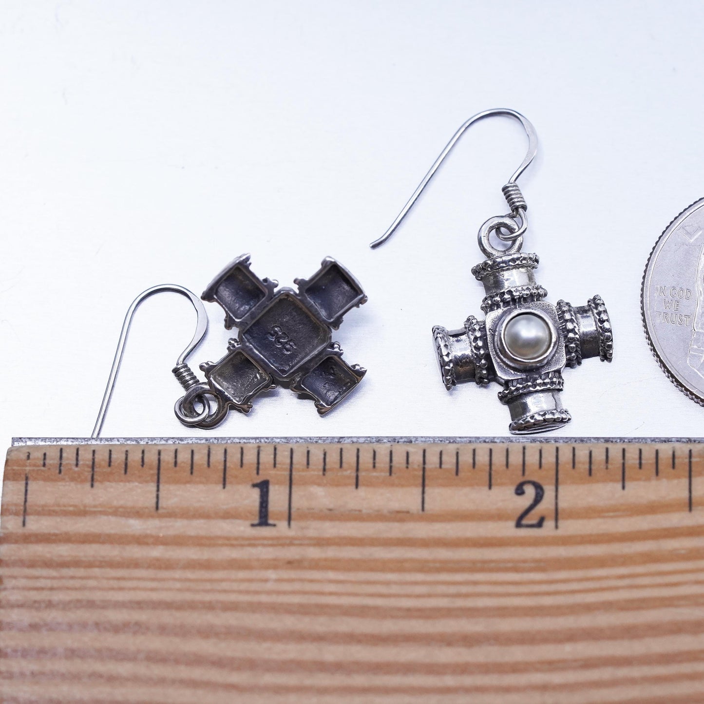 VTG Sterling 925 Silver Cross Earrings with Pearl, Dangle Earrings, Gothic Boho