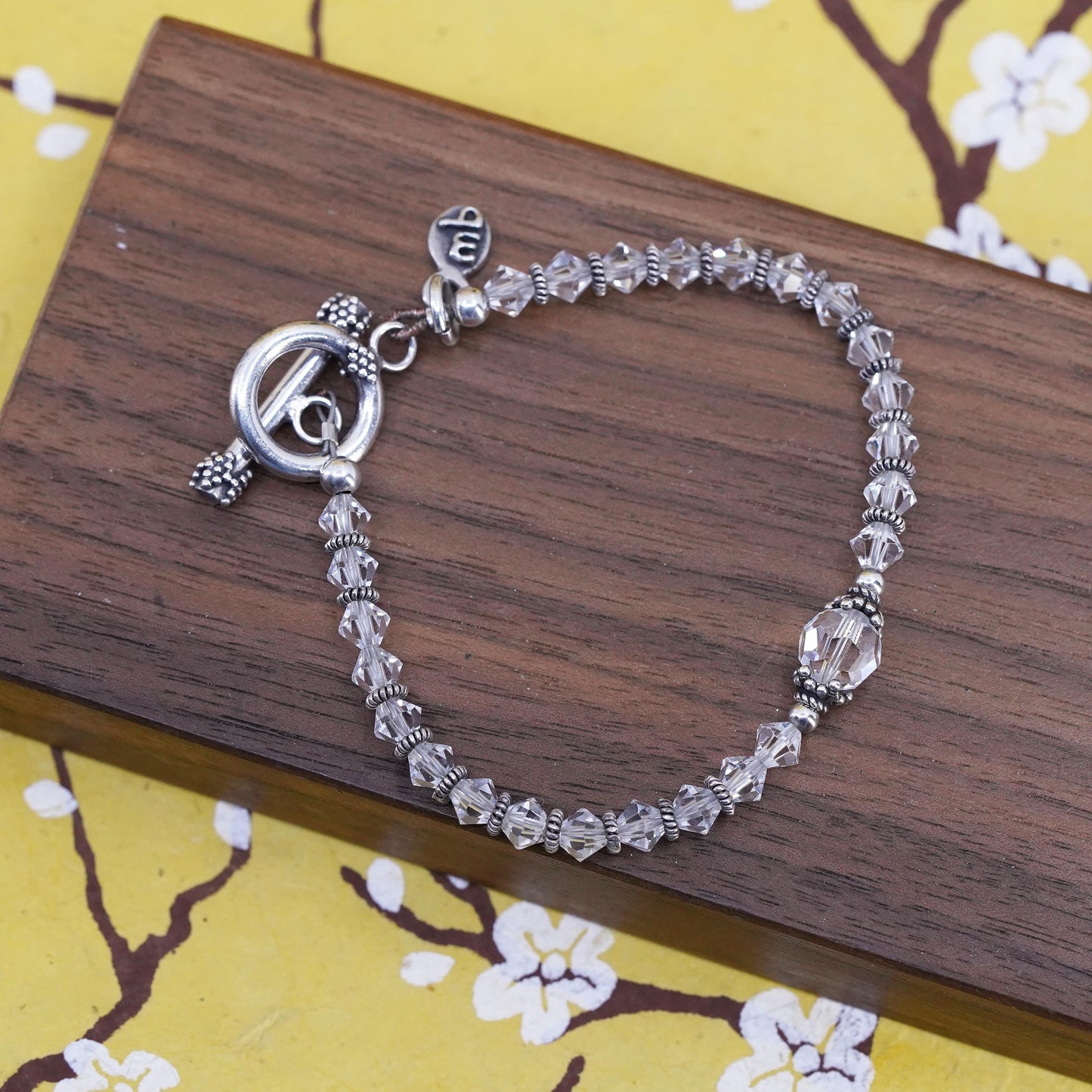 6.75”, MB Sterling silver bracelet, 925 beads with crystal and toggle closure