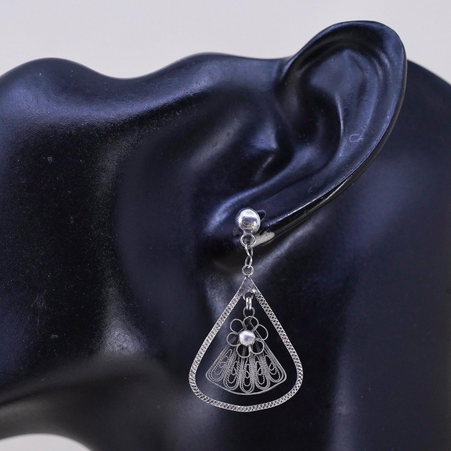 Vintage sterling silver handmade earrings, solid 925 flower filigree details