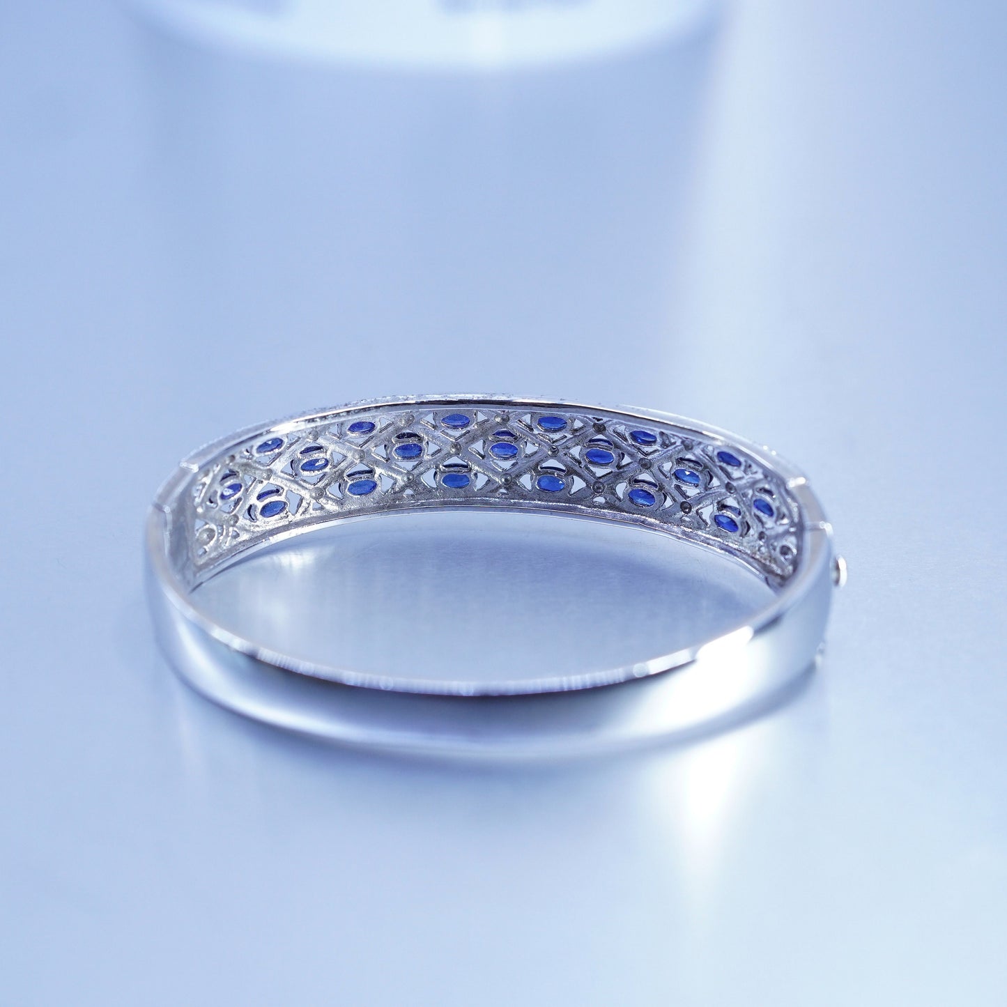 7”, Sterling 925 silver handmade bracelet, hinged bangle sapphire diamond