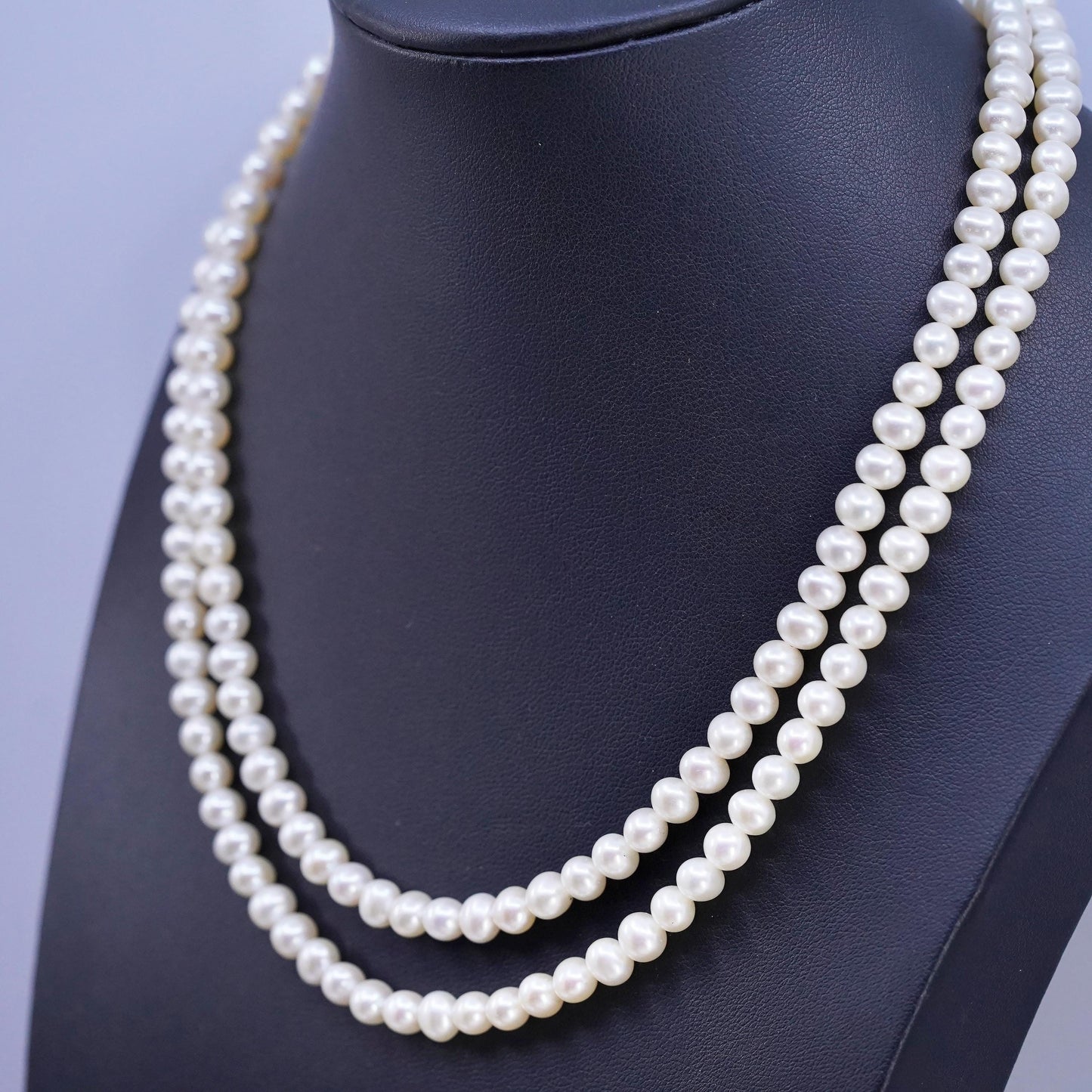 17", Sterling 925 silver double strands necklace 6mm white freshwater pearls