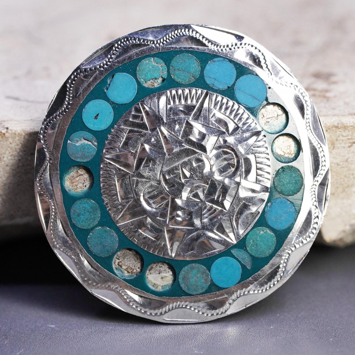 Taxco Mexico Sterling Silver Turquoise Aztec Sun Face Brooch Pendant 925 Jewelry