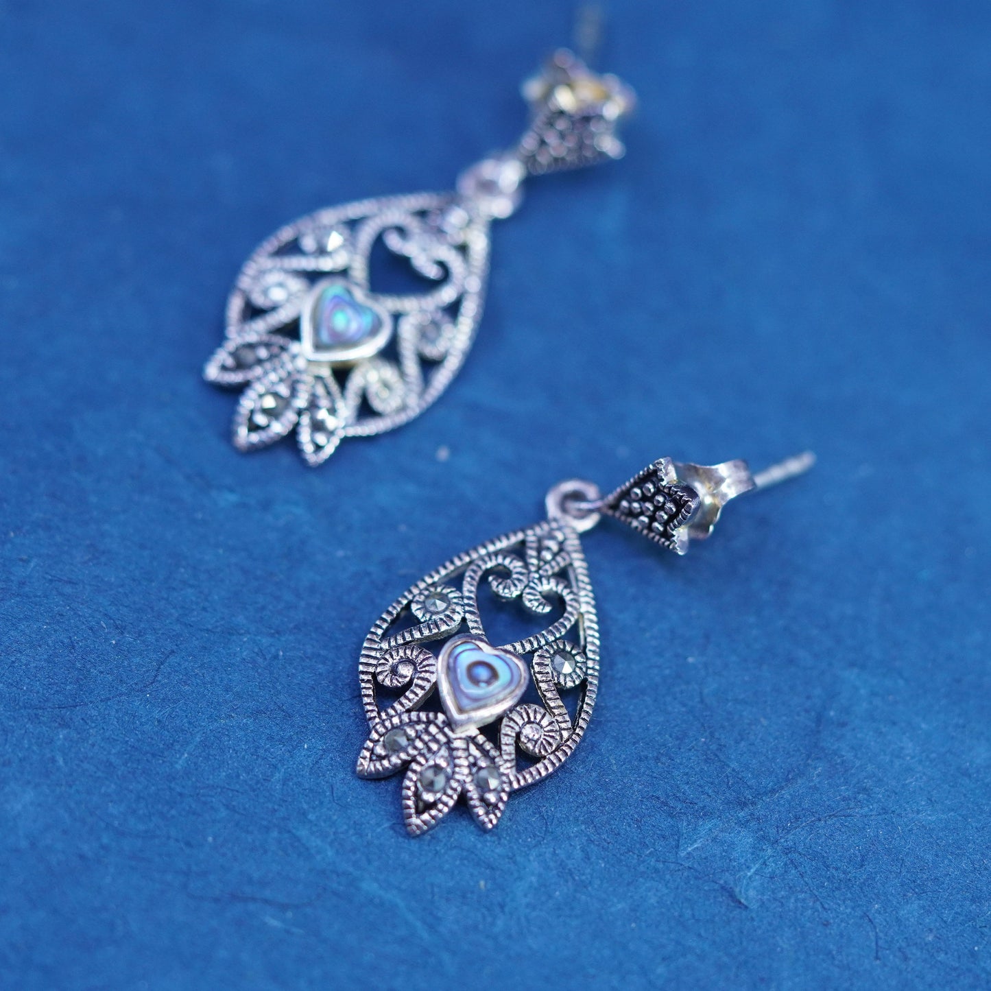 Mexican Sterling 925 silver handmade earrings with heart abalone and marcasite