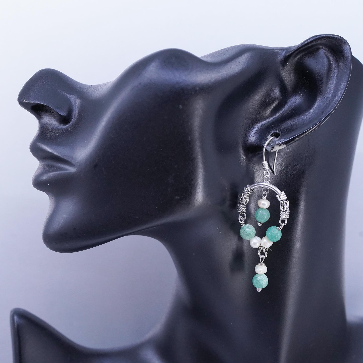 Vintage Sterling 925 silver handmade wired circle earrings jade pearl beads