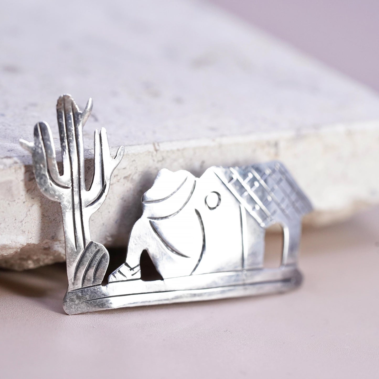 Sterling 980 Silver Horse Brooch, Desert Cactus Pin, Native Animal Jewelry