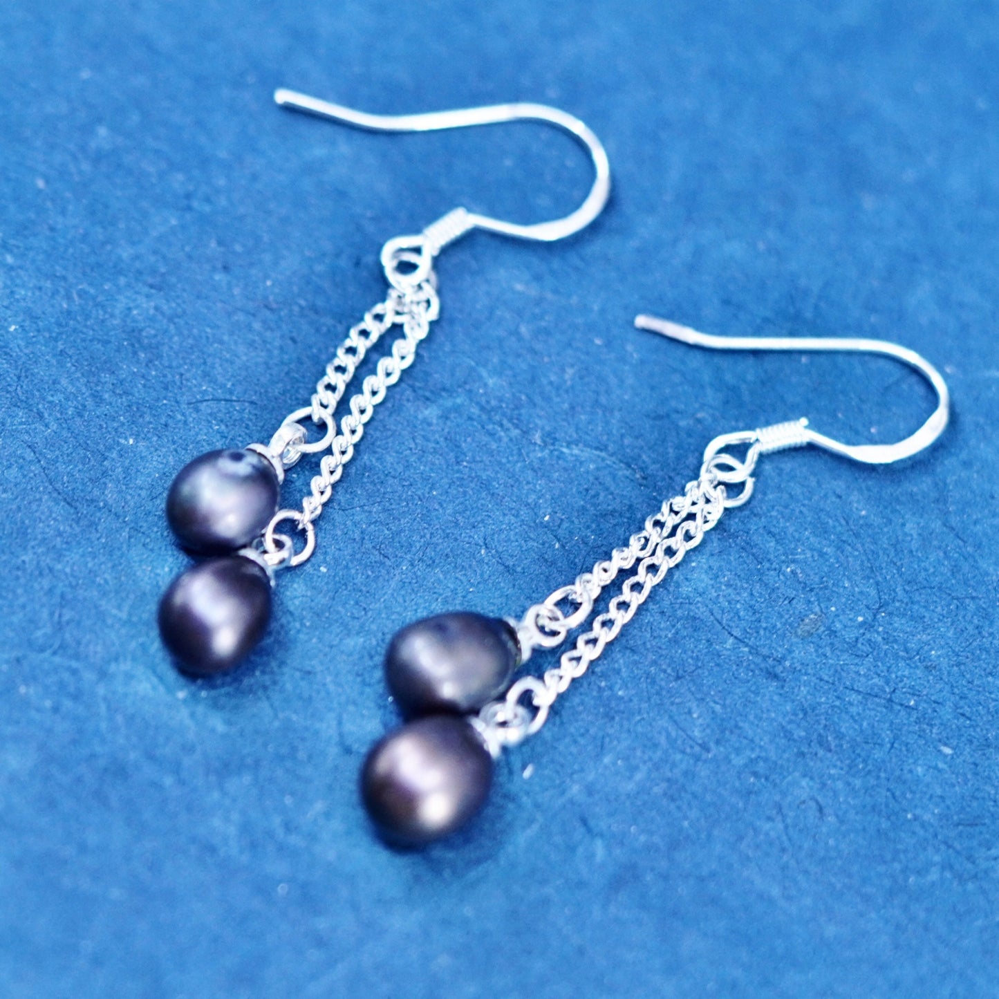 Vintage Sterling silver 925 handmade earrings with black pearl dangles