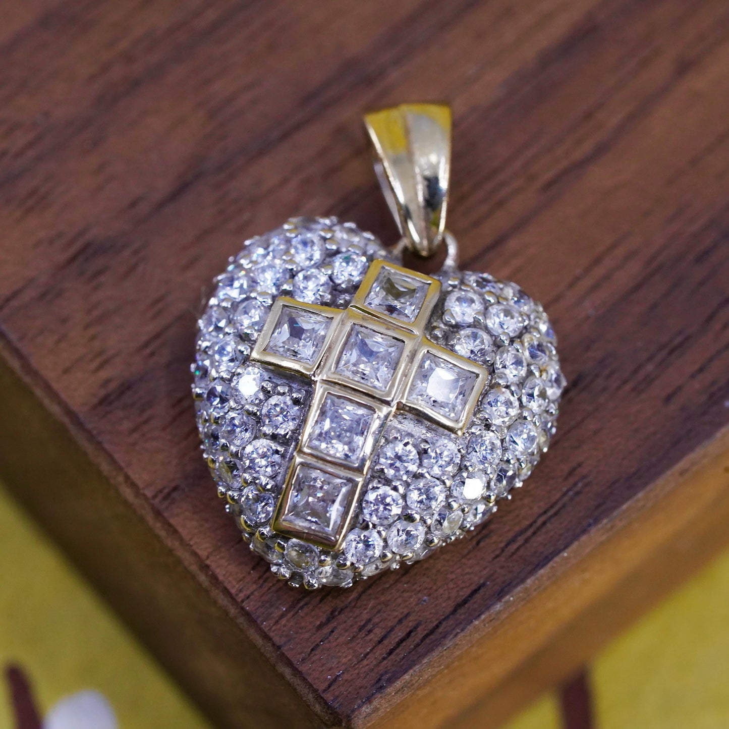 Vintage gold plated Sterling silver pendant, 925 heart cross with cluster cz