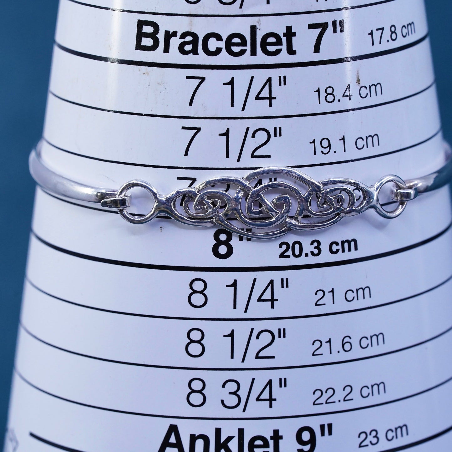 7.75”, Sterling silver handmade bracelet, 925 hinged bangle Irish knotted face