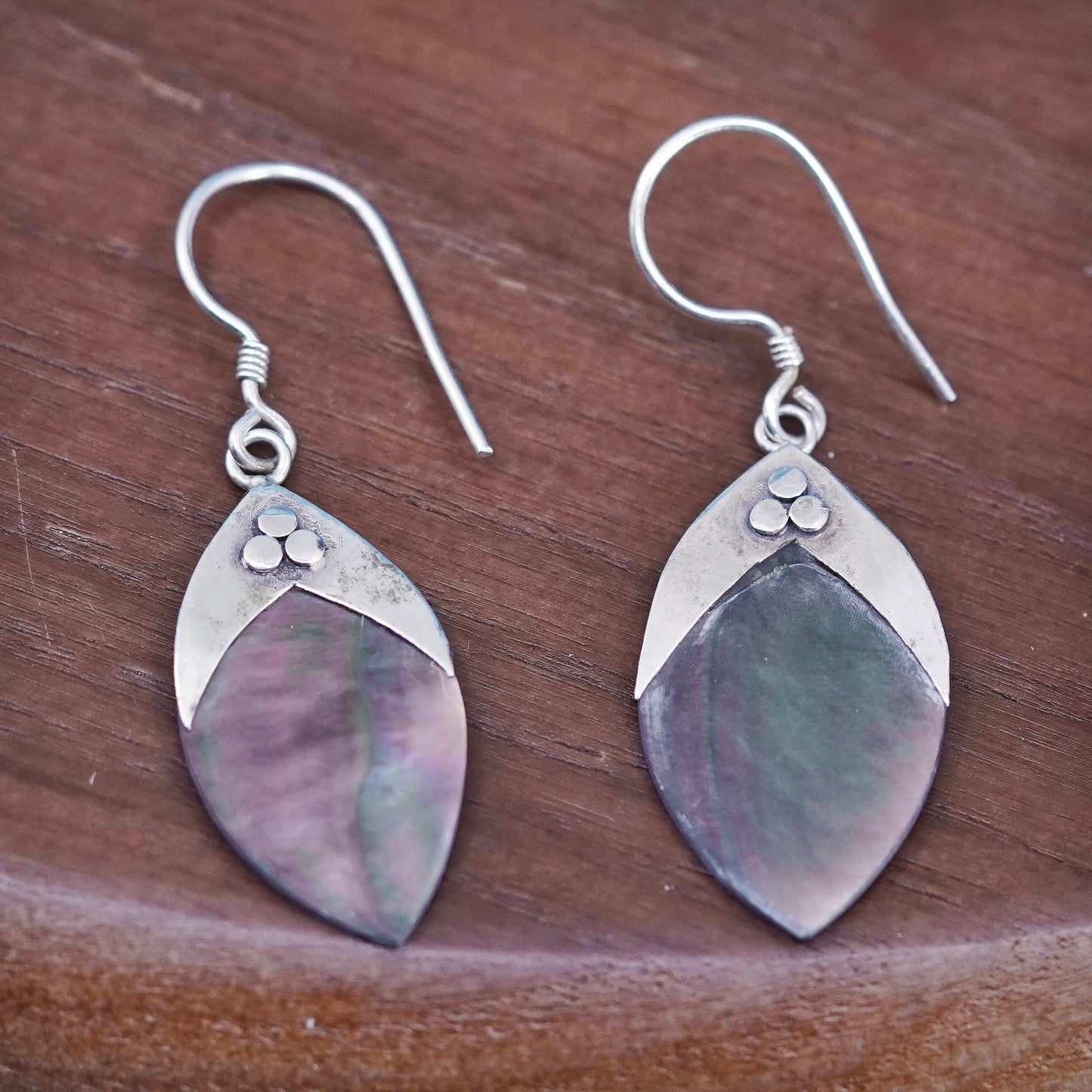 Vintage Sterling 925 silver handmade earrings with Marquise shaped abalone