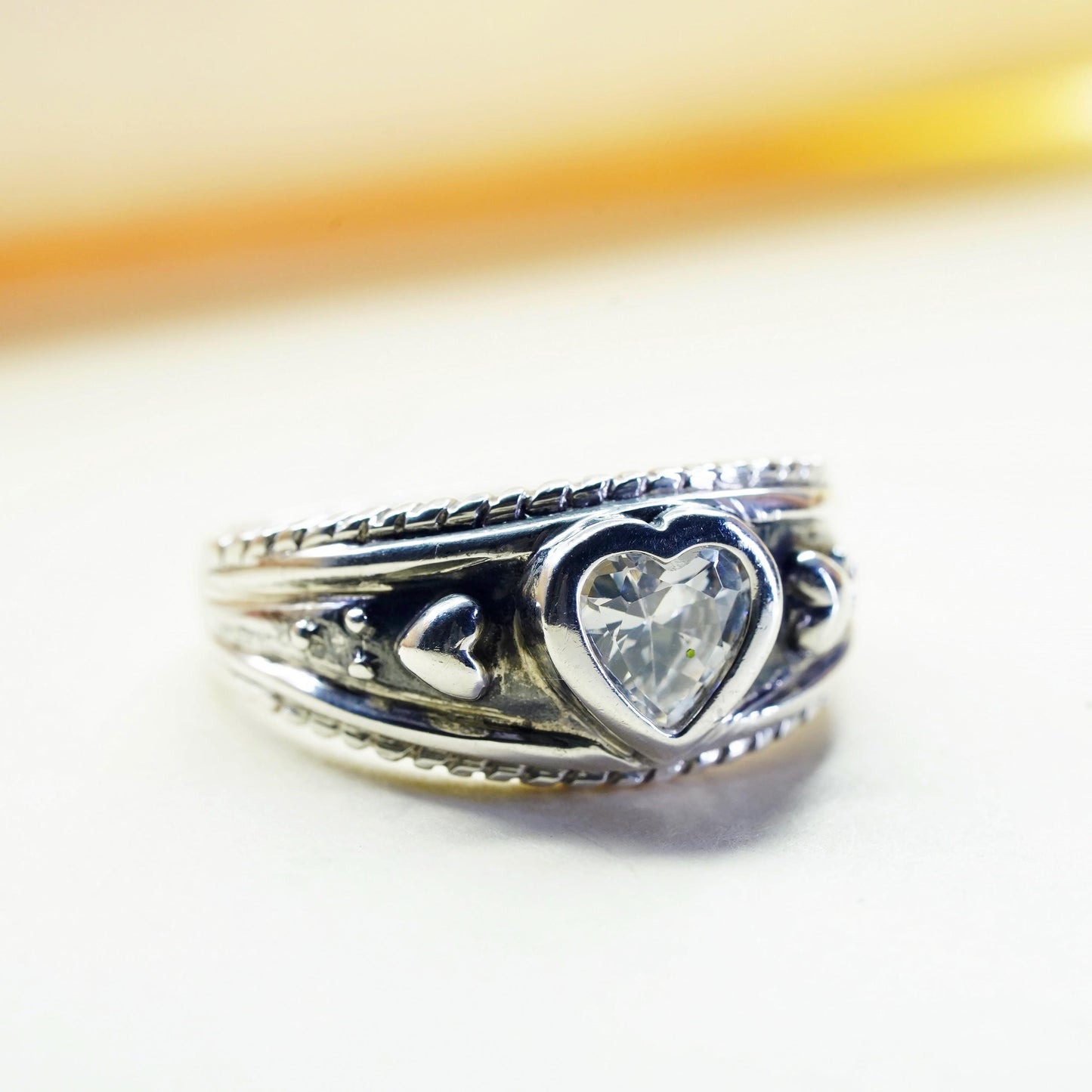 Size 10, Vintage sterling silver handmade ring, engagement ring with heart cz