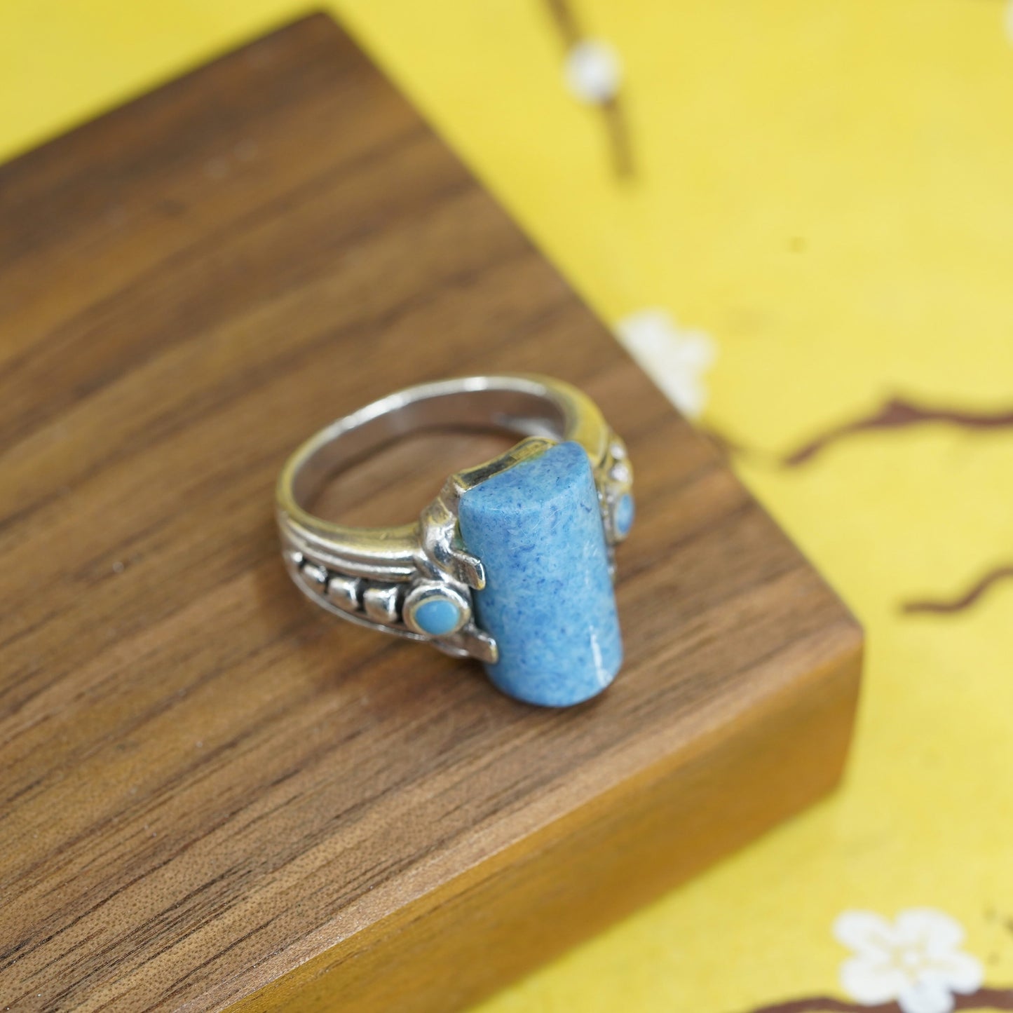 Size 7.25, vintage Sterling 925 silver handmade ring denim lapis lazuli beads
