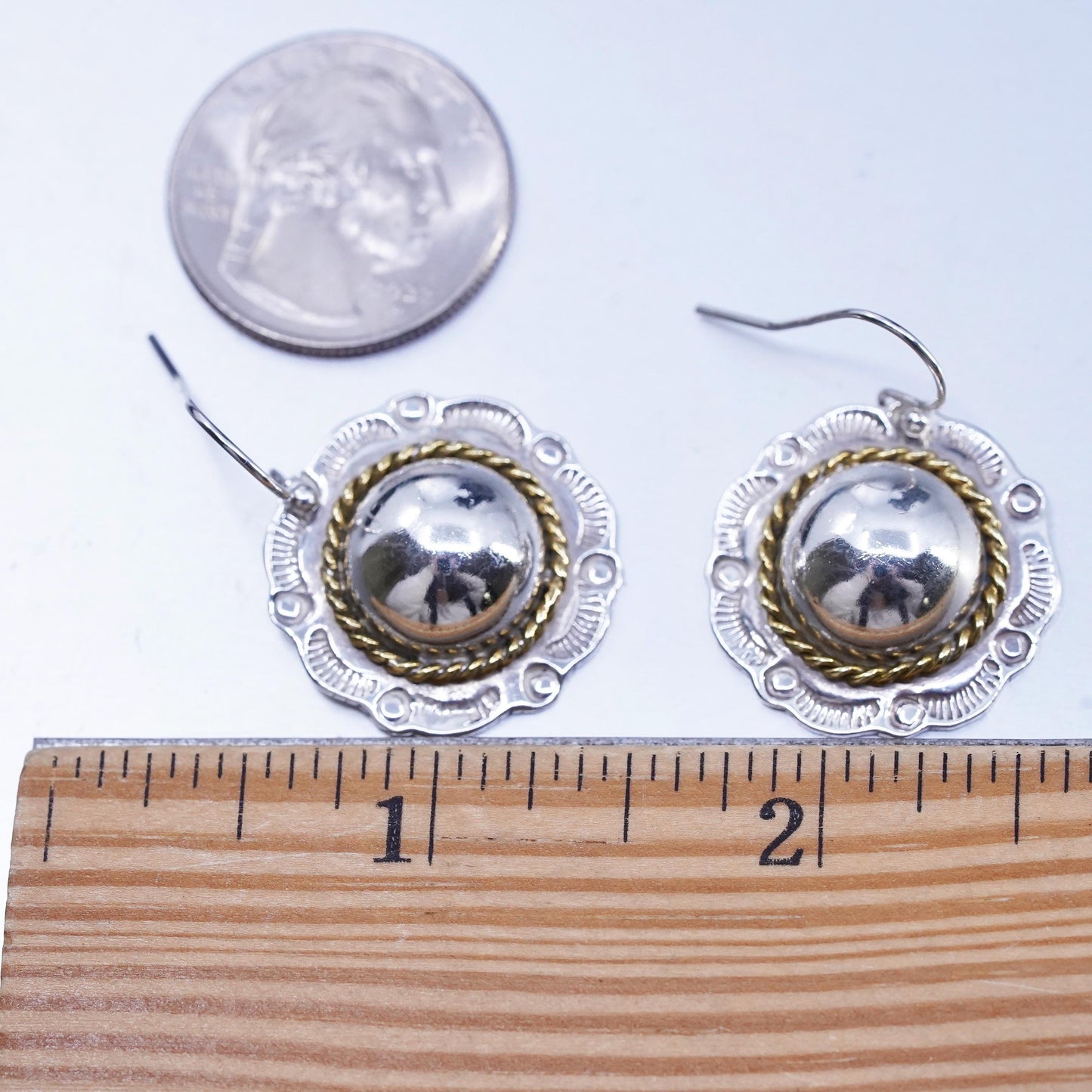Vintage Mexican two tone Sterling 925 silver dome flower earrings brass cable
