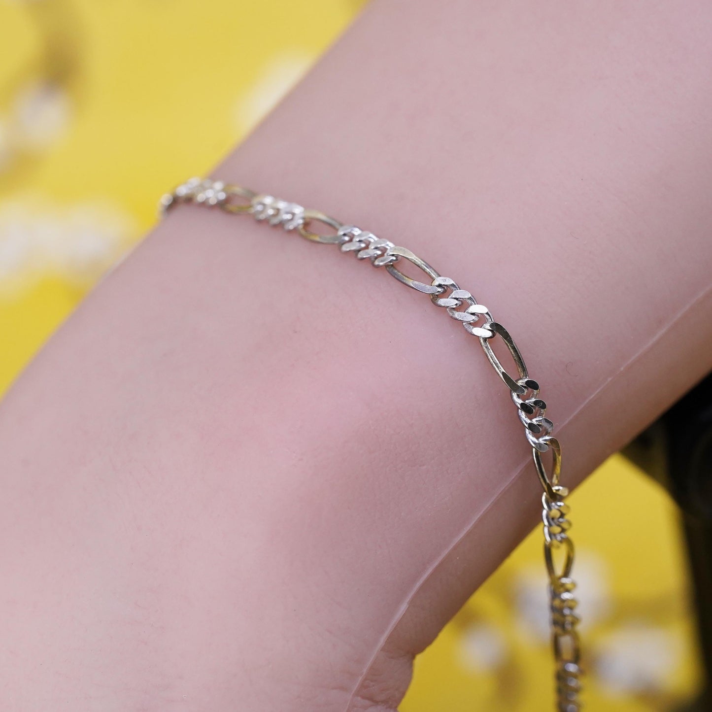 10”, Vintage two tone gold over sterling silver anklet, 925 figaro chain