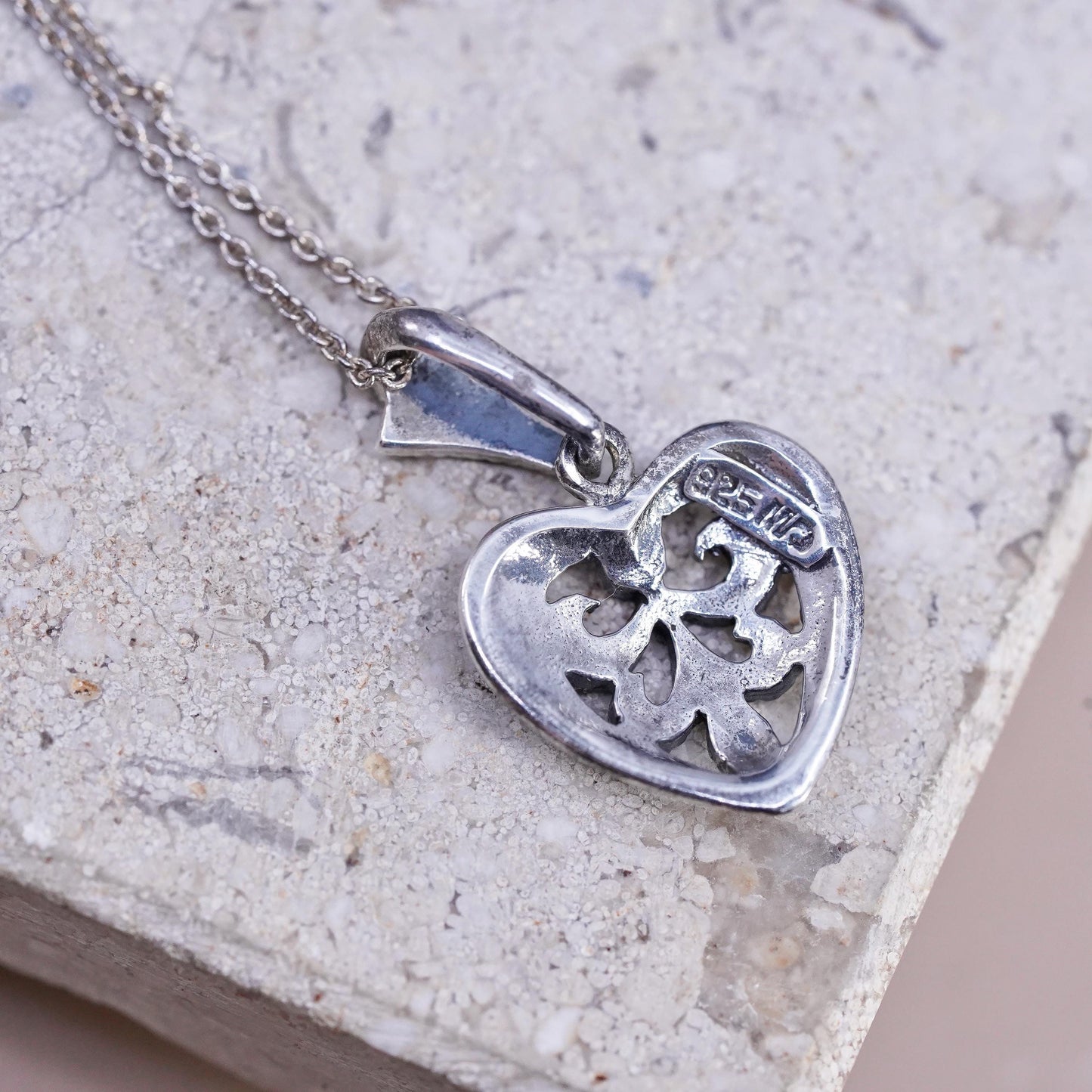 18" Sterling silver handmade necklace, 925 circle chain marcasite heart pendant