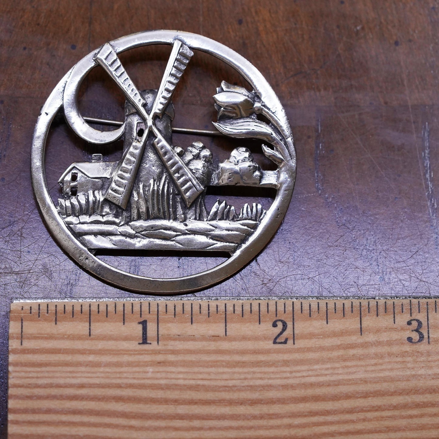 VTG Holland handmade sterling 925 silver tulip flower windmill circle brooch