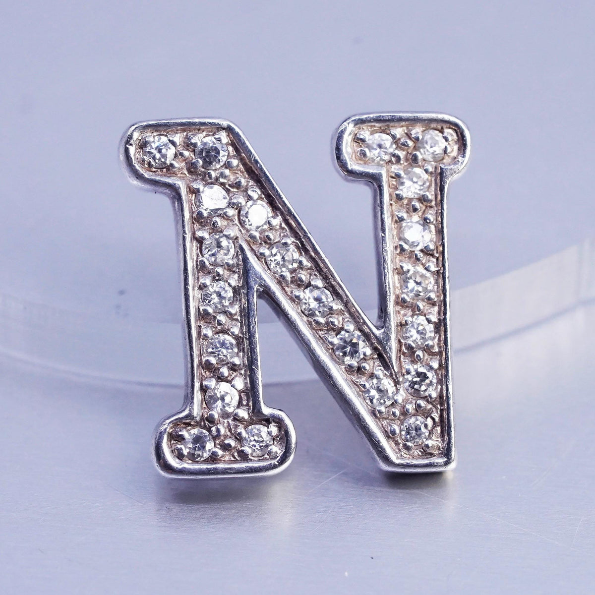 Vintage Sterling silver 925 handmade cluster CZ Crystal pendant charm letter N