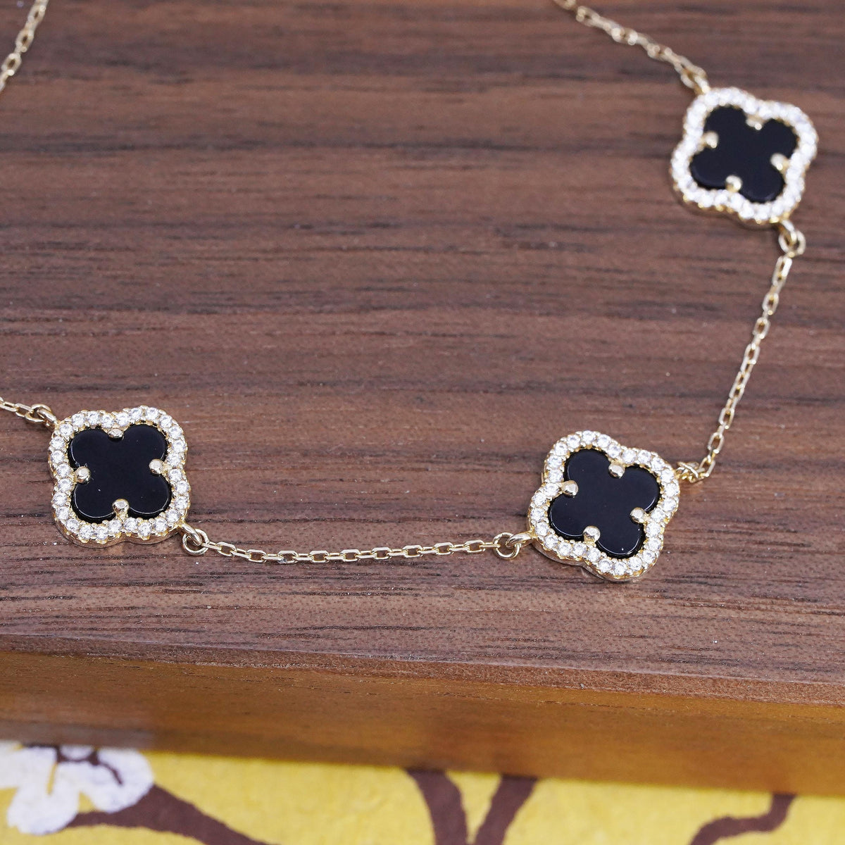 7.5”, Vermeil gold sterling silver bracelet, 925 lucky onyx clever cluster Cz