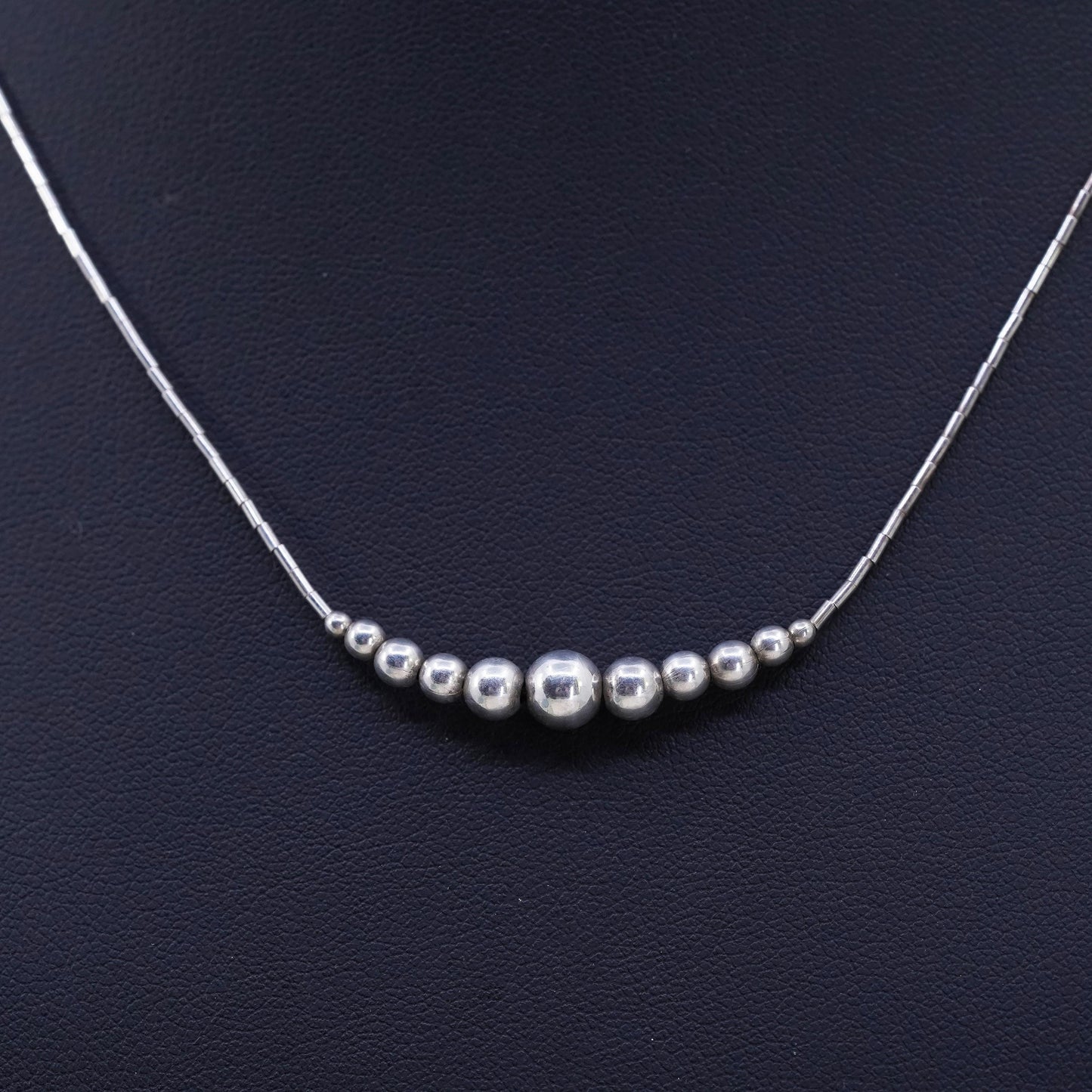 16", Vintage double strands sterling necklace, beads, Mexico 925 liquid silver