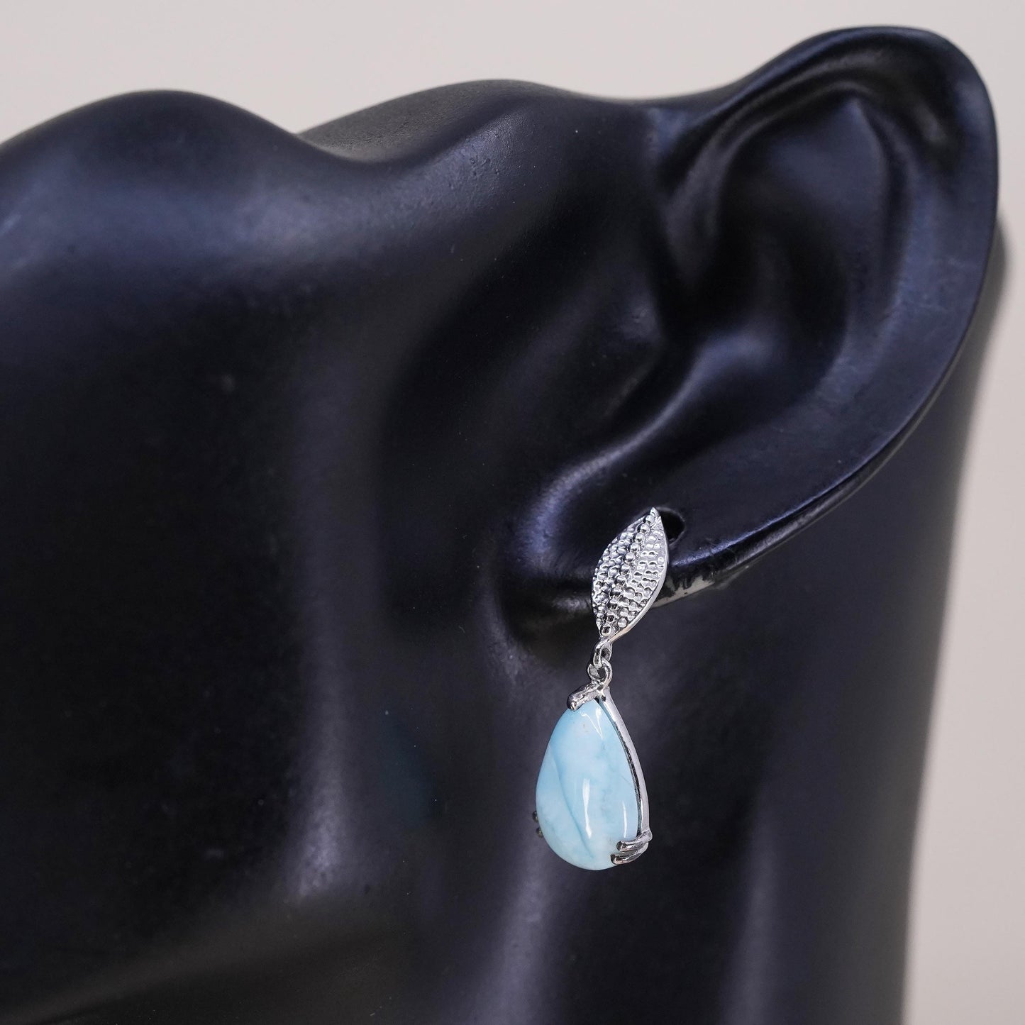 Vintage handmade single earring. Sterling 925 silver teardrop dangle larimar