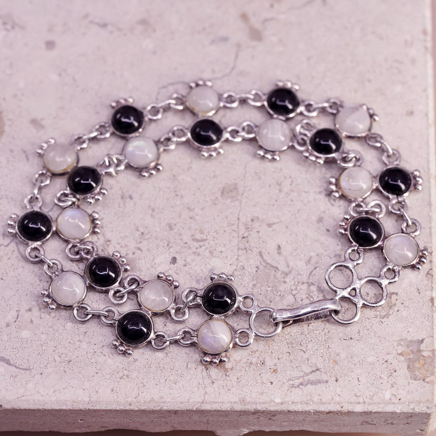 7", vintage sterling 925 silver handmade bracelet with moonstone and onyx