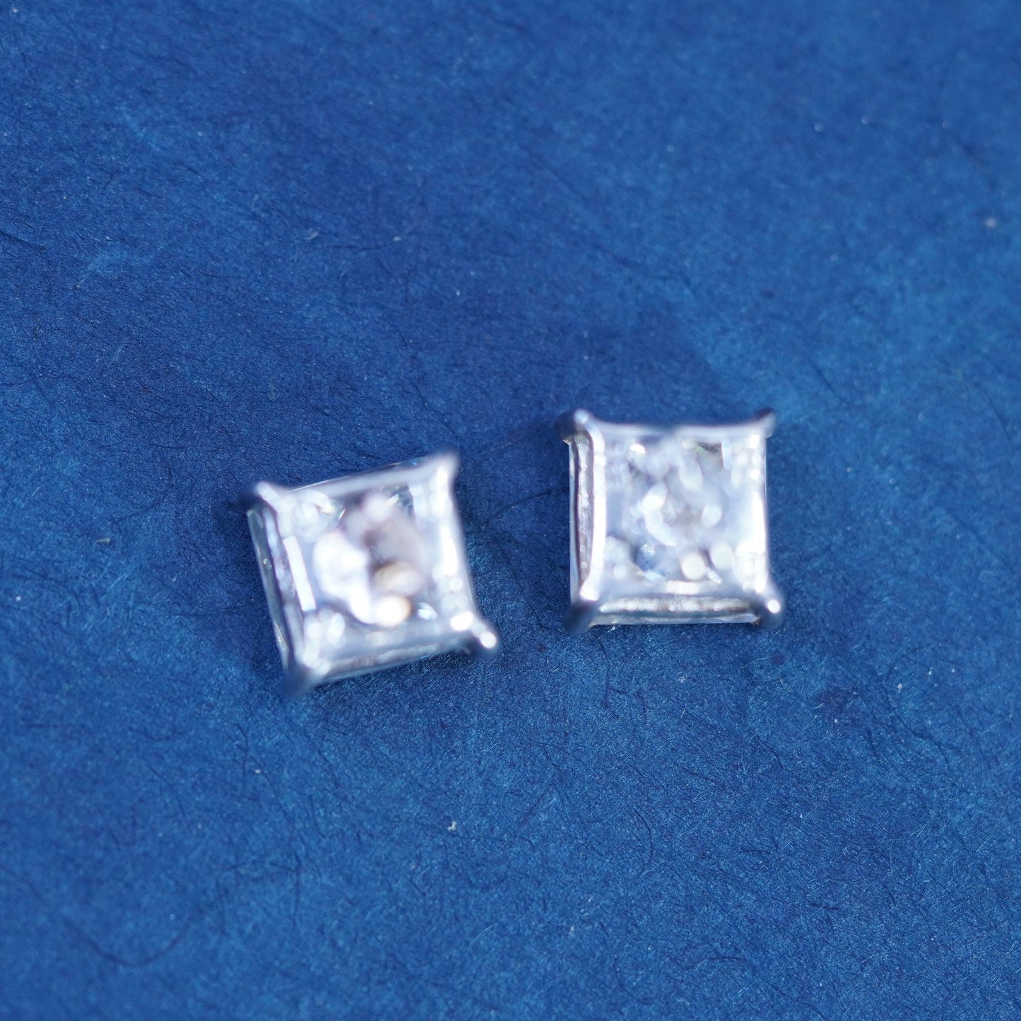 9mm, Vintage sterling silver handmade earrings, 925 rectangular studs with CZ