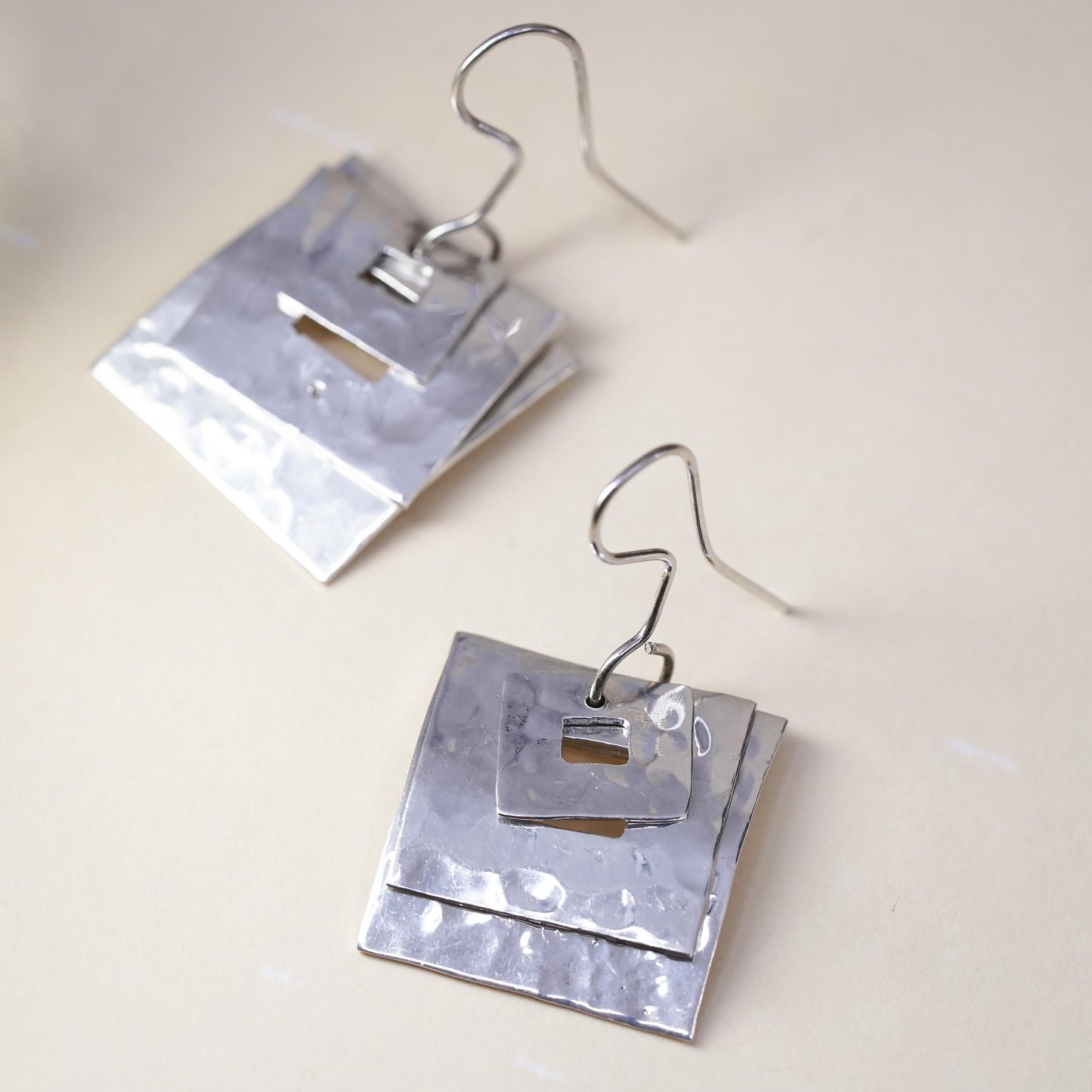 Vintage Sterling 925 Silver Hammered square disc Earrings