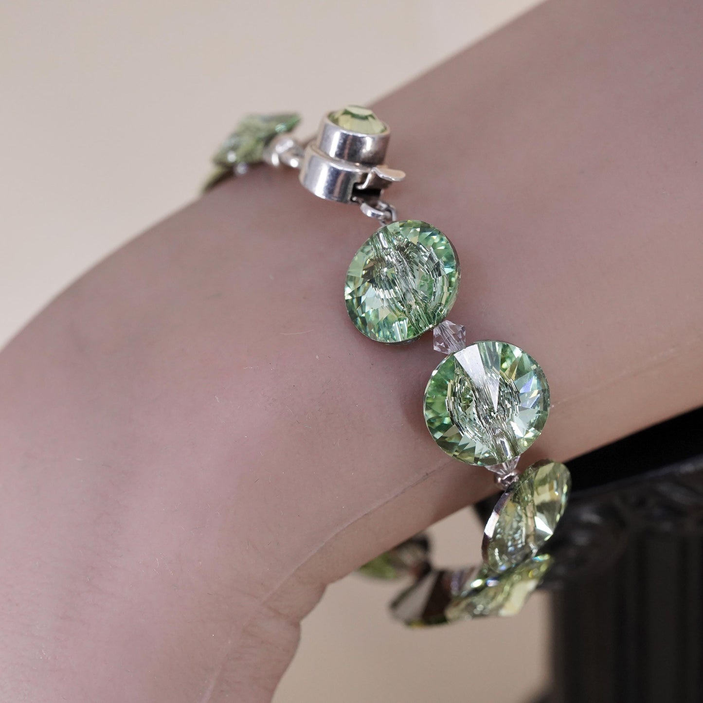 6.5", VTG Crystal Bracelet, Light Green Rivoli Crystal, Sterling 925 Silver