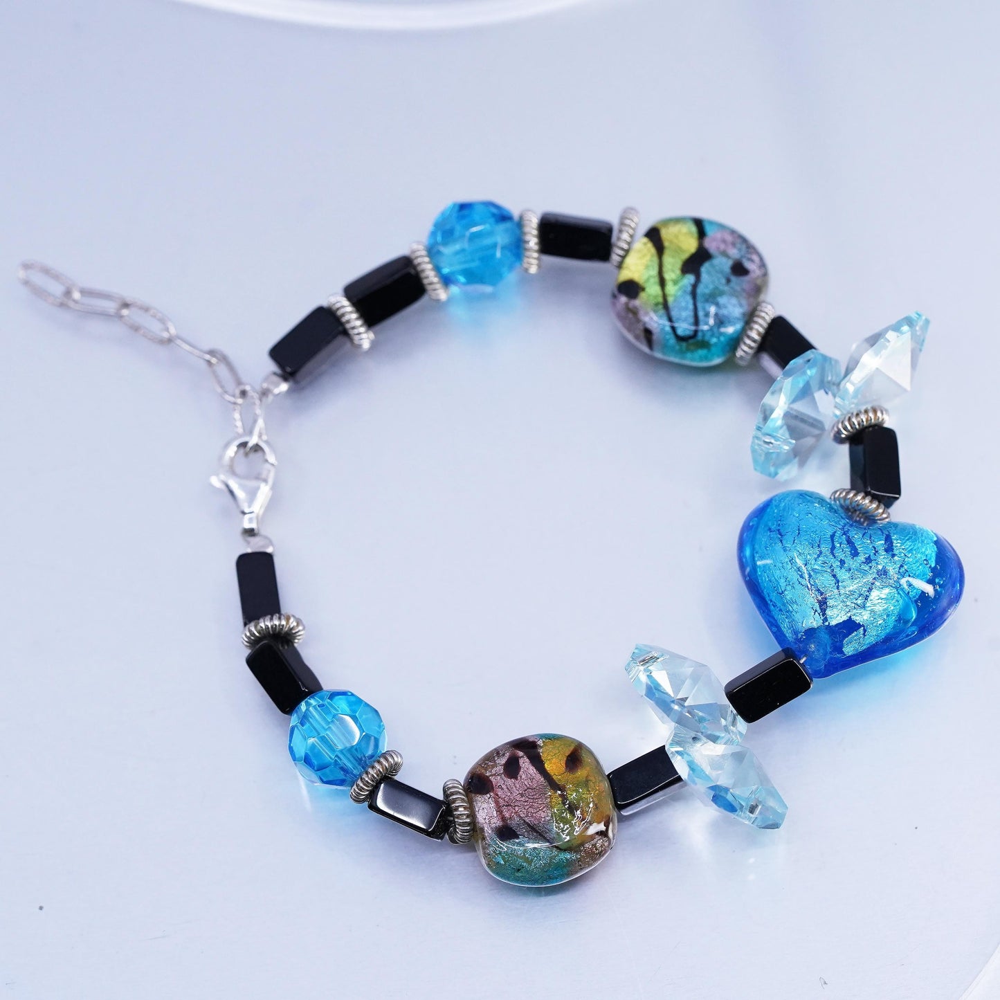 7.5+1", Sterling 925 silver Bracelet with Blue Foiled Glass heart onyx cubes