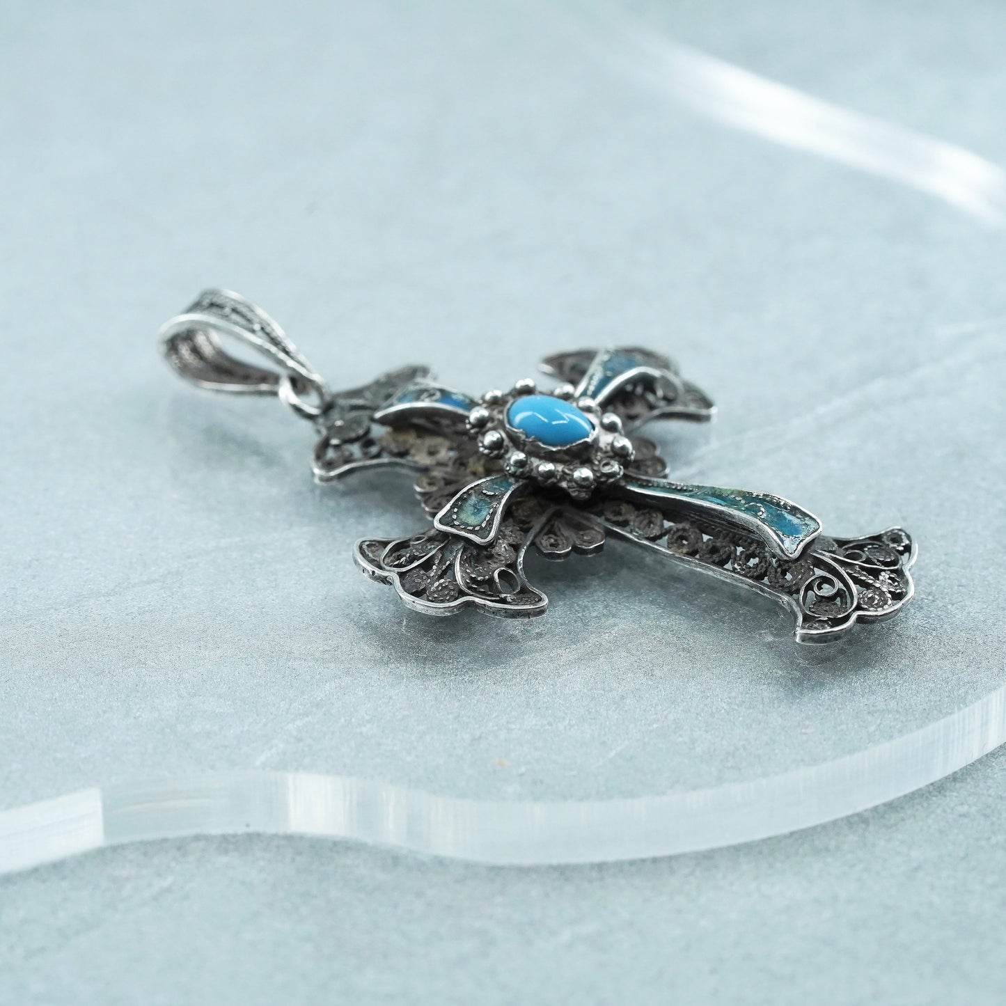 Vintage sterling 925 silver handmade filigree cross pendant with blue enamel
