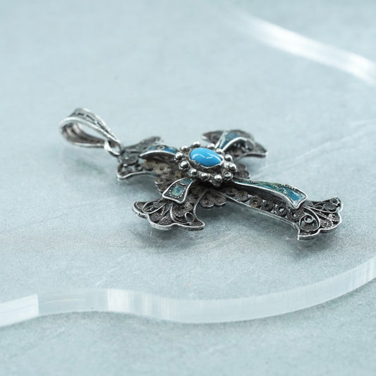 Vintage sterling 925 silver handmade filigree cross pendant with blue enamel