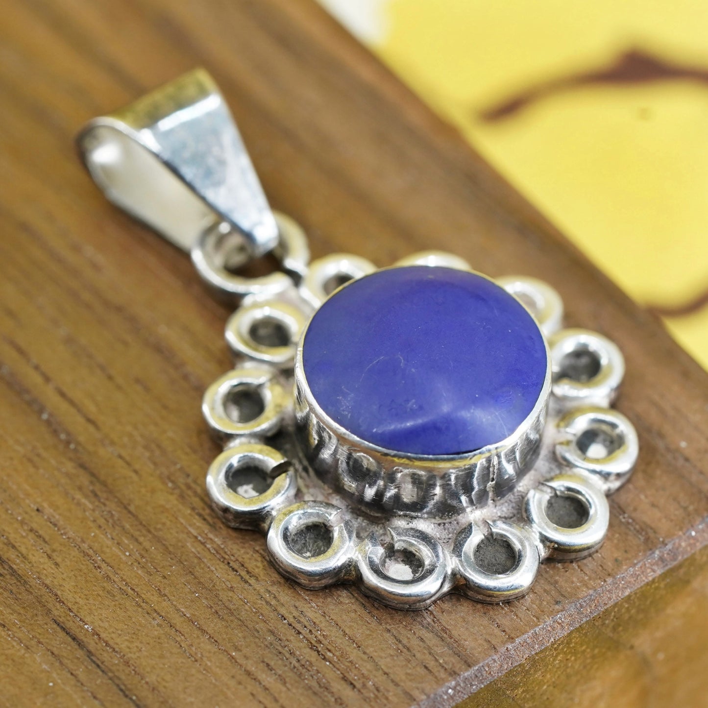 Vintage Sterling silver handmade pendant, Mexico 925 circle with blue onyx