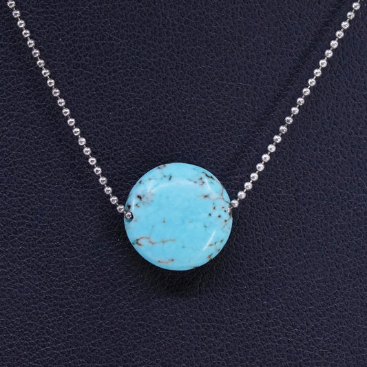 14", Native American Sterling 925 silver bead choker necklace turquoise pendant
