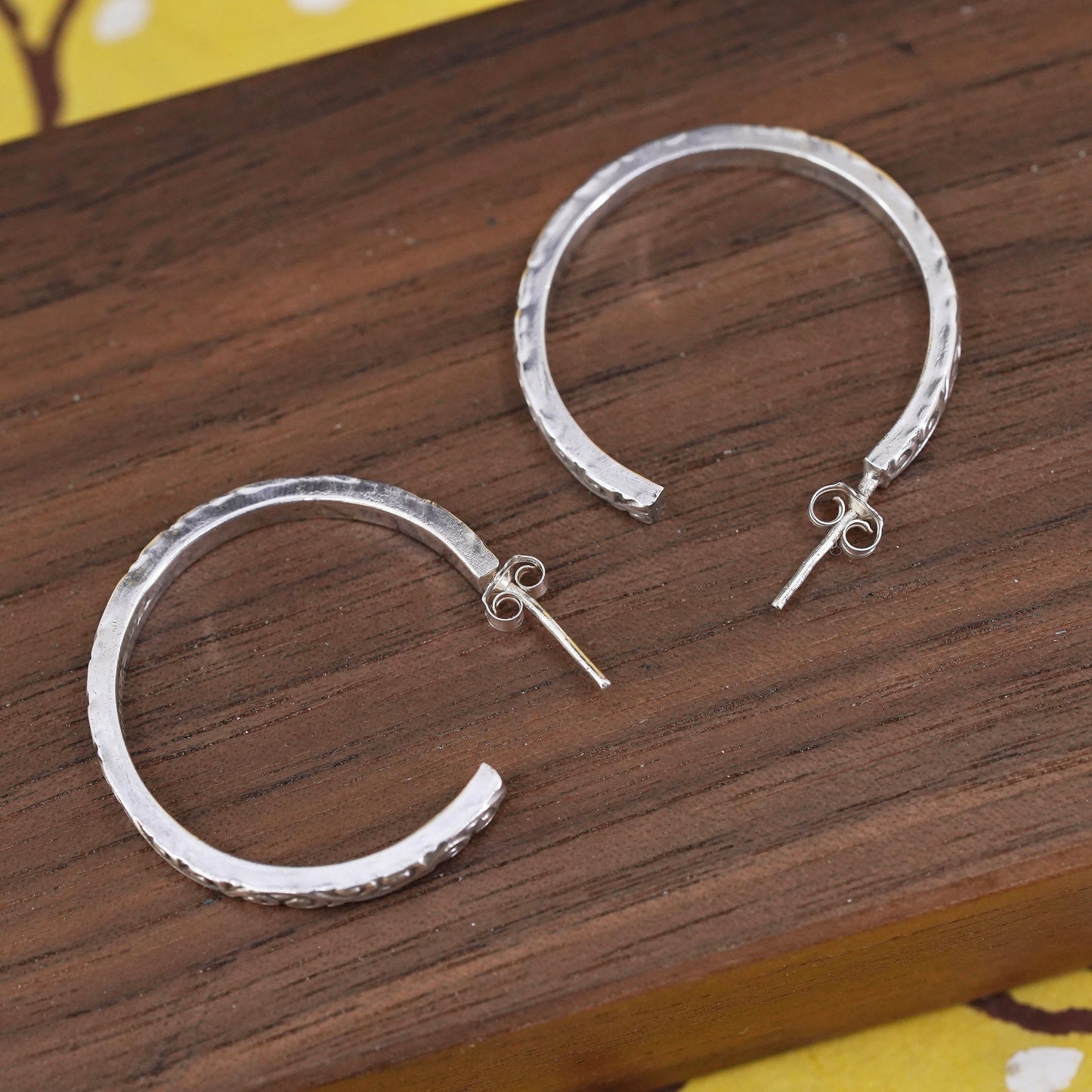 1.25", vintage Sterling silver handmade earrings, 925 textured hoops