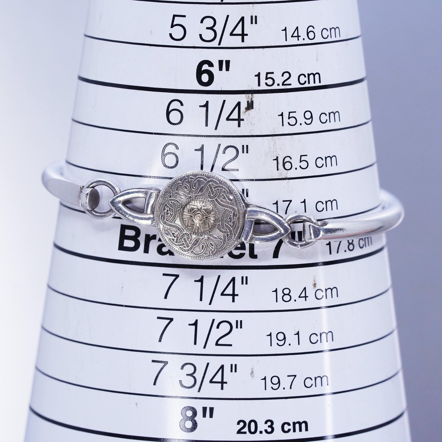 7”, two tone Irish Sterling 925 silver bracelet, hinged bangle 14K yellow gold
