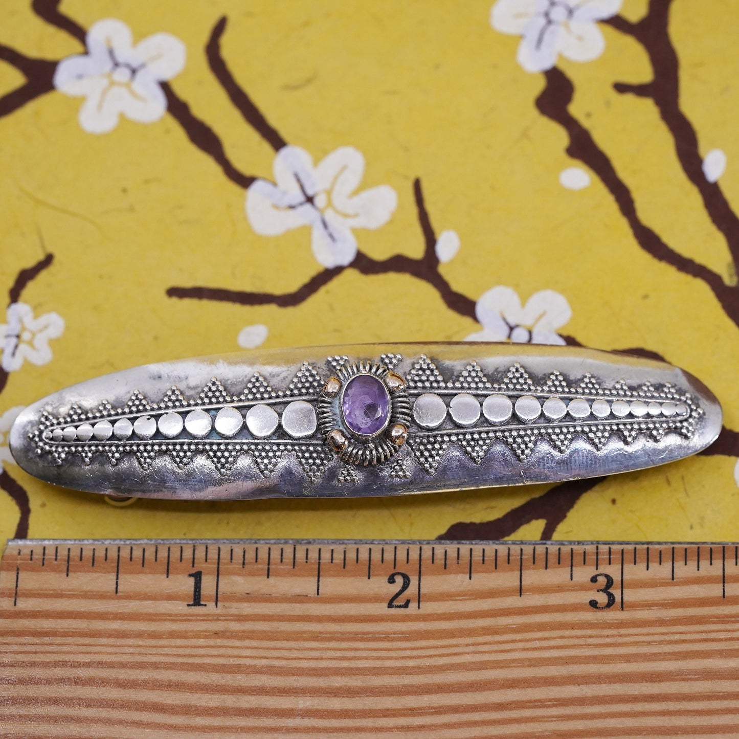 Vintage southwestern Sterling 925 silver Hair Barrette clip with beads amethyst