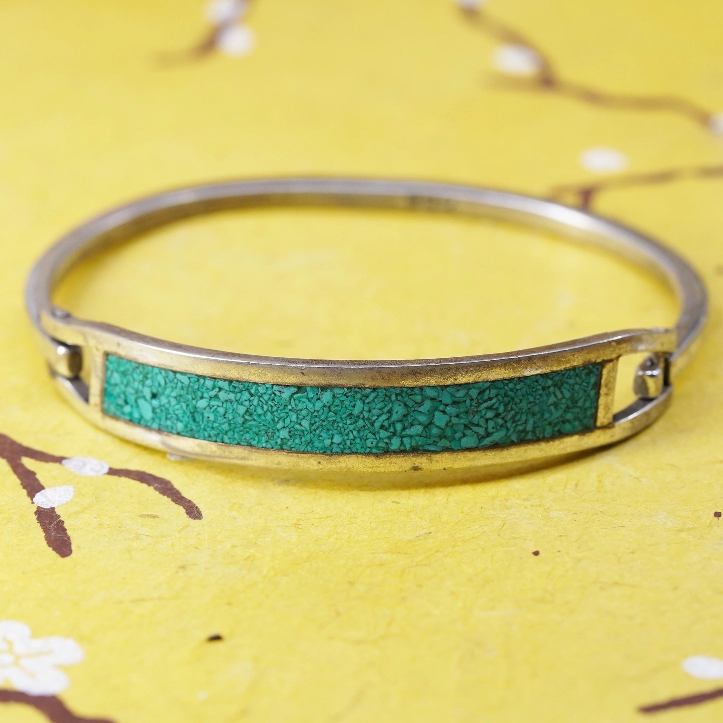 6.5”, VTG Mexican Sterling 925 silver bracelet, hinged bangle with turquoise