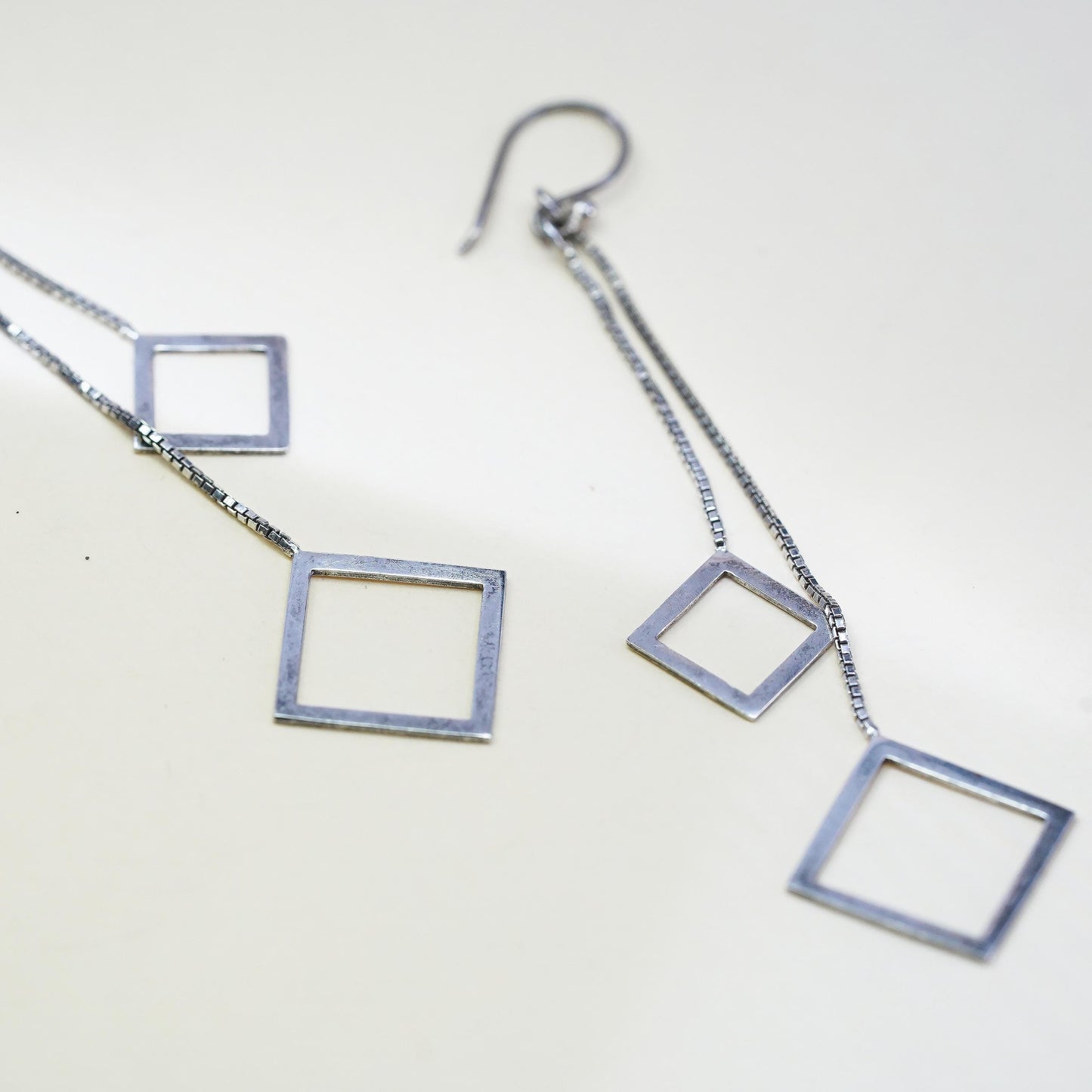 Vintage Sterling 925 silver handmade long box chain earrings w/ square dangles