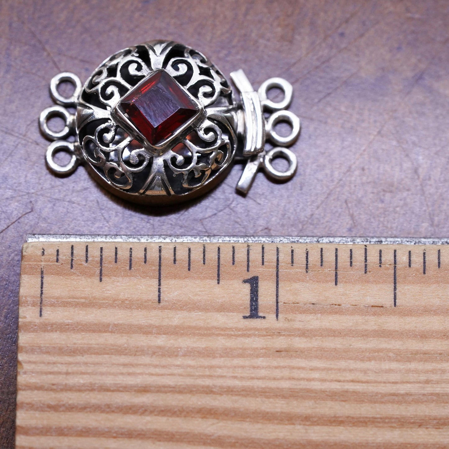 vintage Sterling silver handmade filigree clasp with ruby details