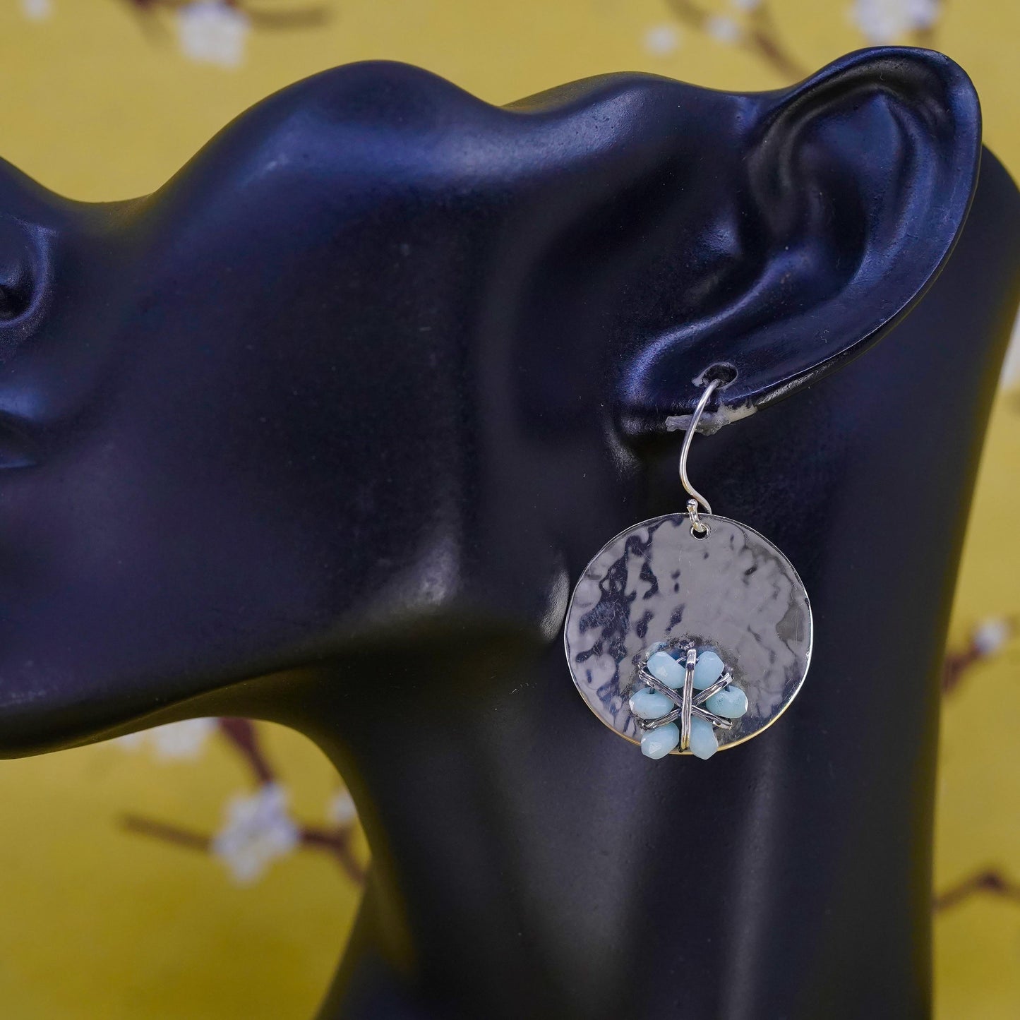 Vintage southwestern Sterling 925 silver hammered disc earrings larimar flower
