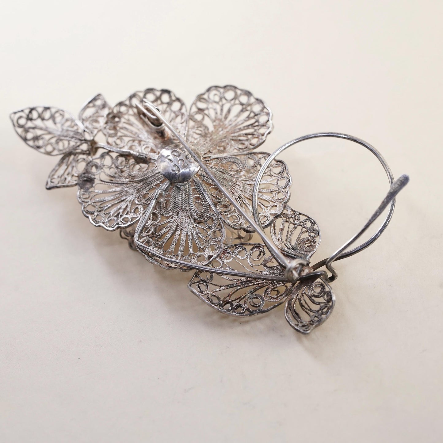 Vintage TOM Sterling silver handmade brooch, 925 filigree flower pin