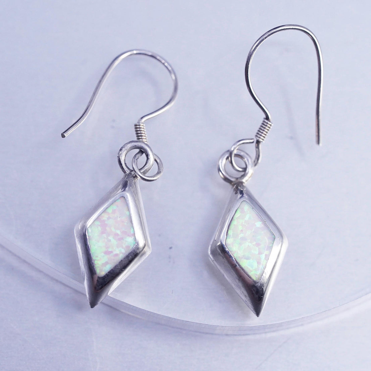Vintage Sterling Silver Diamond shaped Earrings, 950 Silver Dangle Opal inlay