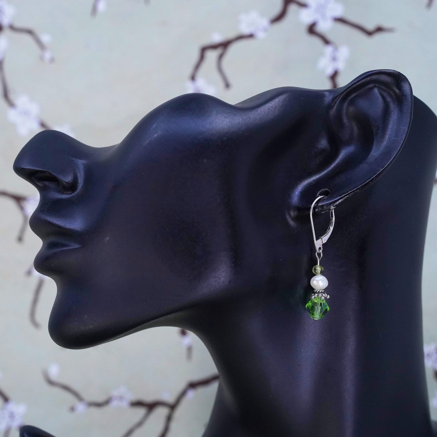 Vintage sterling silver handmade earrings, 925 silver with green crystal drops