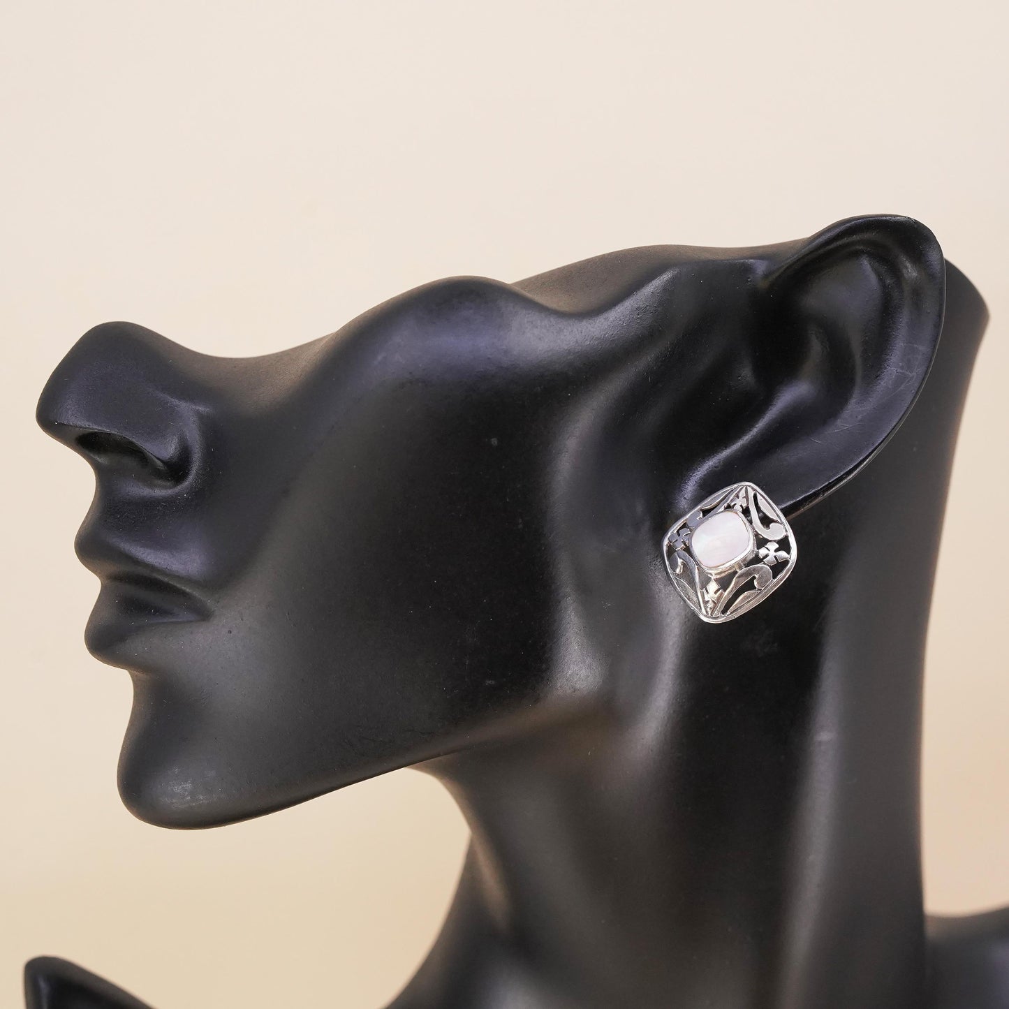 Vintage single earring. Sterling 925 silver square stud with mother of pearl