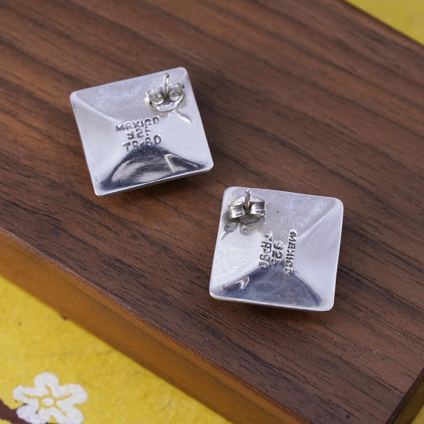 Vintage Sterling silver handmade earrings, Mexican ribbed 925 square studs