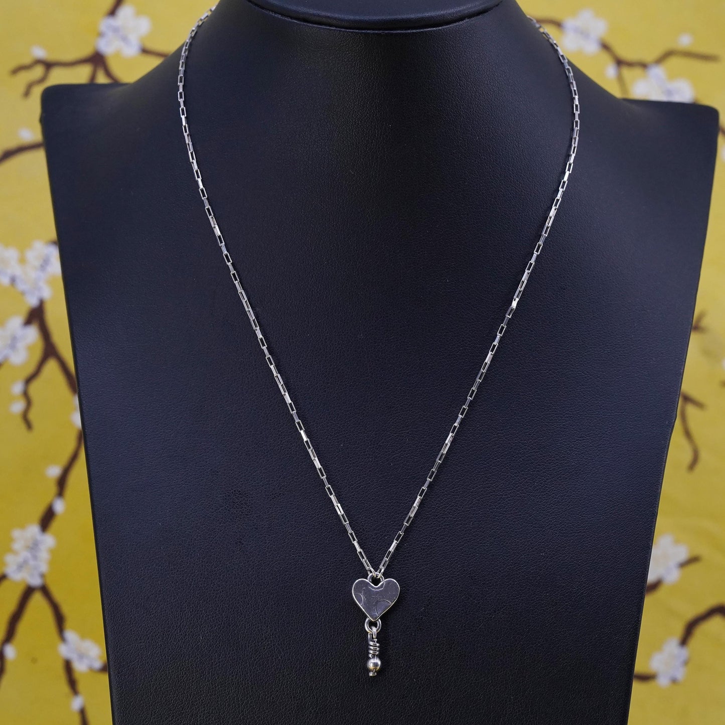 16", sterling 925 Silver elongated chain necklace double sided heart pendant