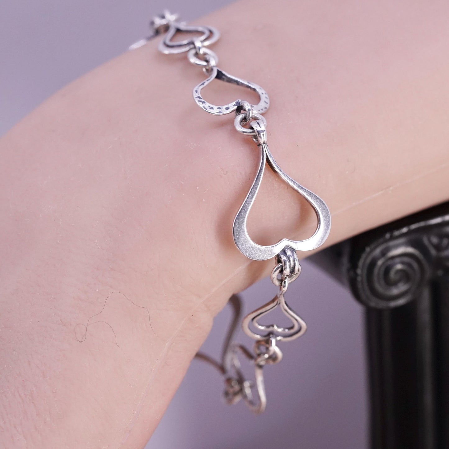 7.25”, vintage Sterling 925 silver handmade chain bracelet with heart links