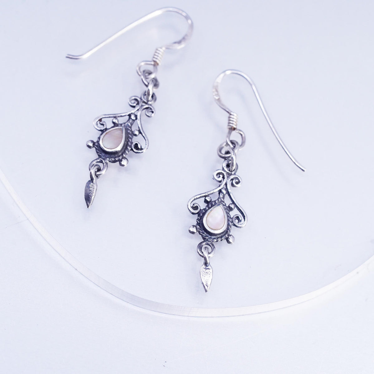 Vintage Sterling 925 Silver Filigree Teardrop Shaped Earrings Mother of Pearl