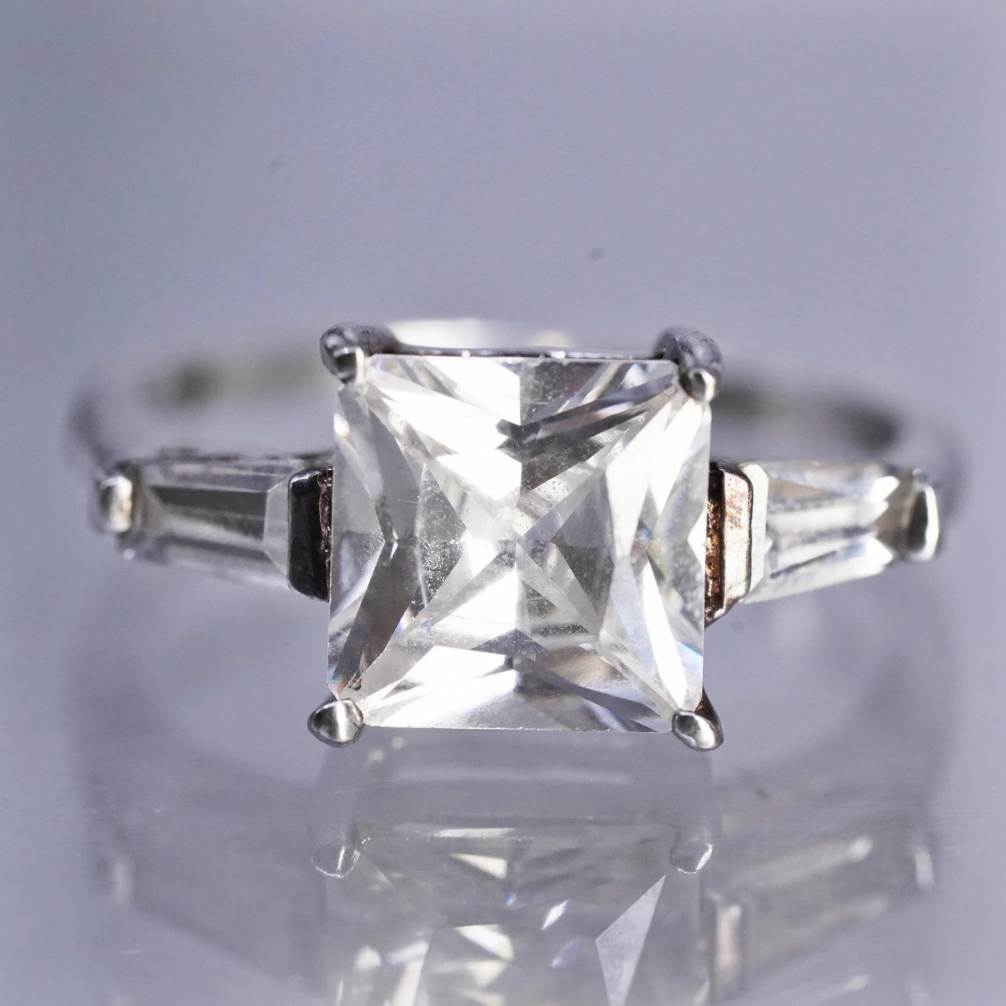 Size 6.25, vintage Sterling 925 silver engagement ring with square Cz